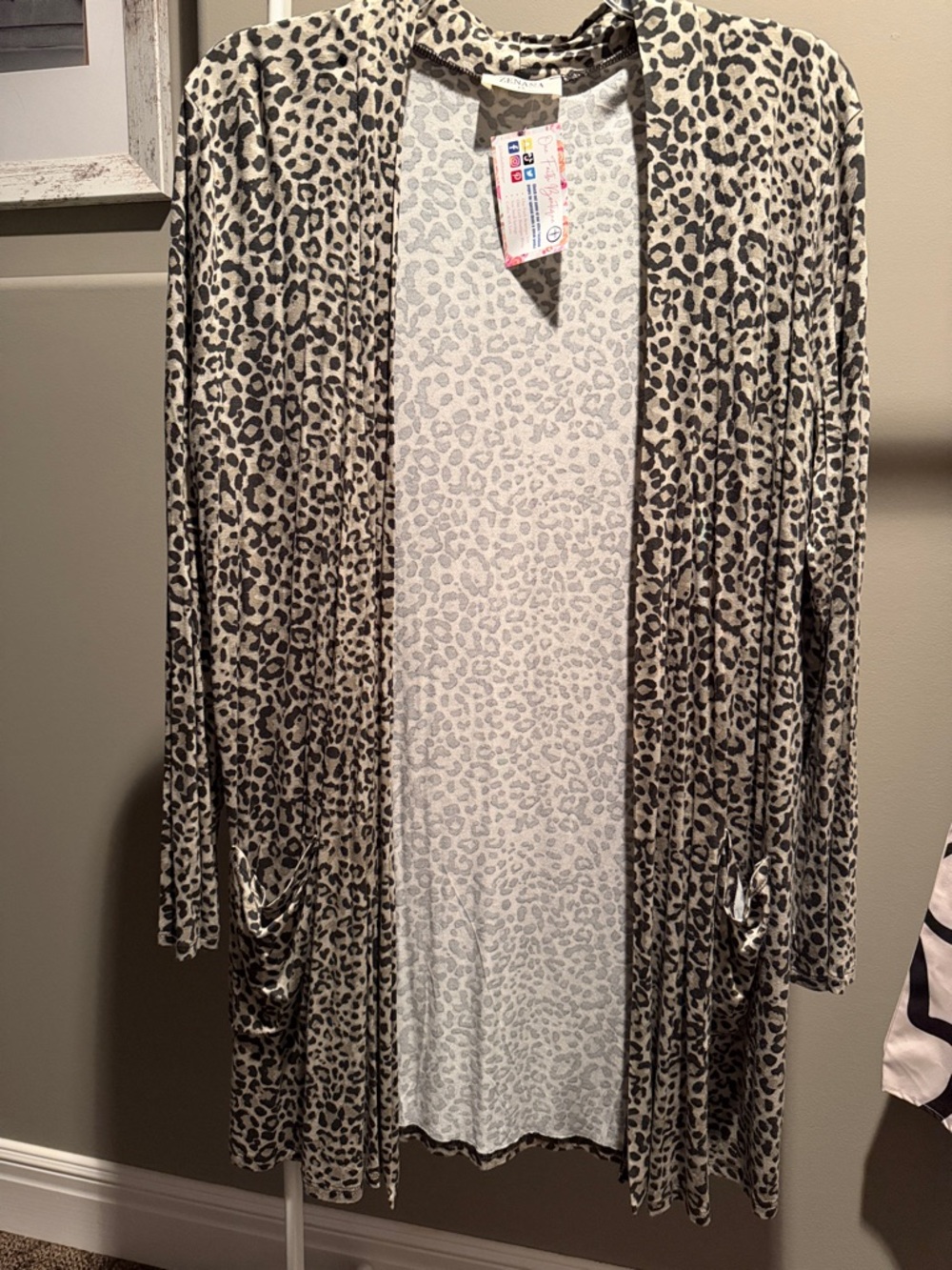 Lightweight Open Front Leopard Cardigan - Beige/Black